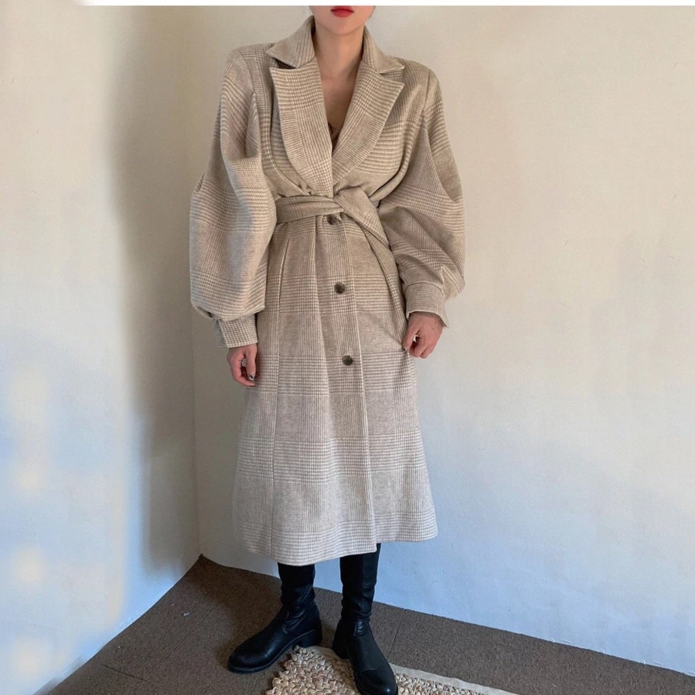 Coat long plaid vintage lantern puff sleeve runway womens soft khaki bel… - Picture 5 of 10